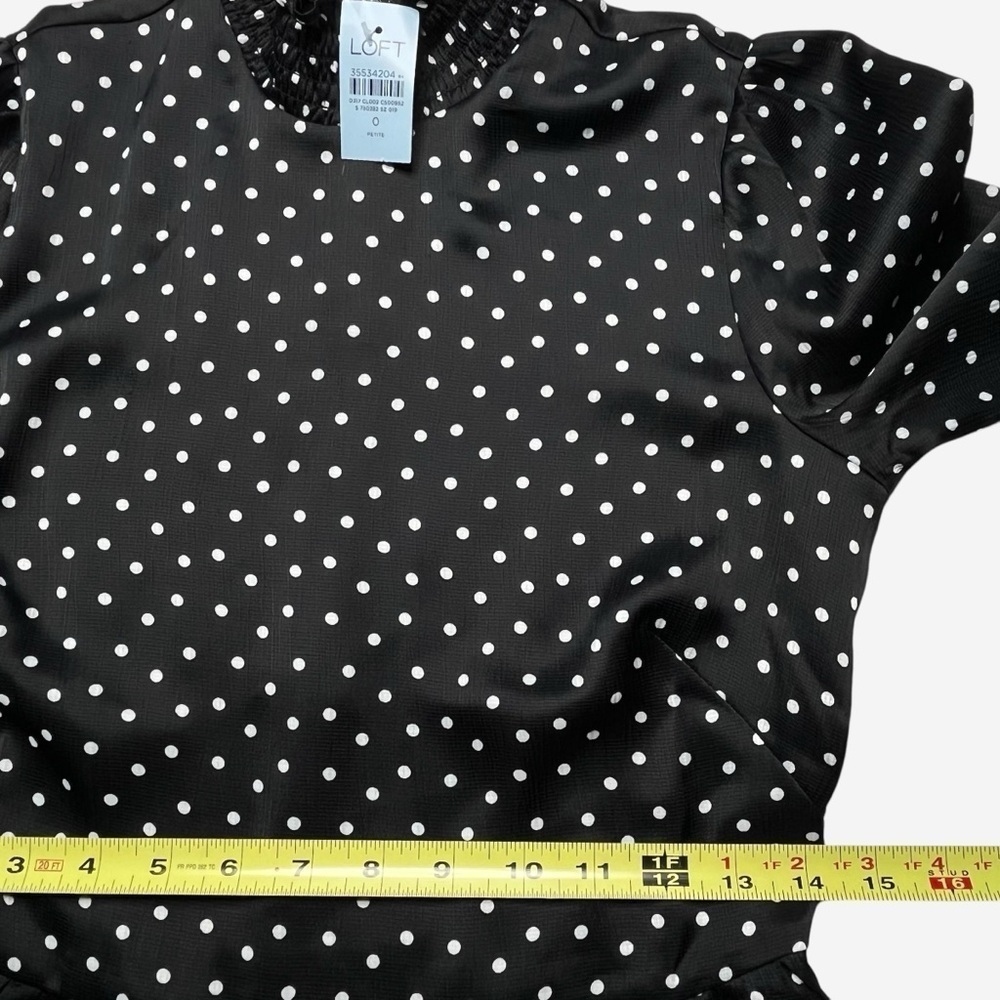 LOFT Dotted Smocked Mini Flare Dress Size 0 Petite Black Lined NEW - Picture 11 of 15
